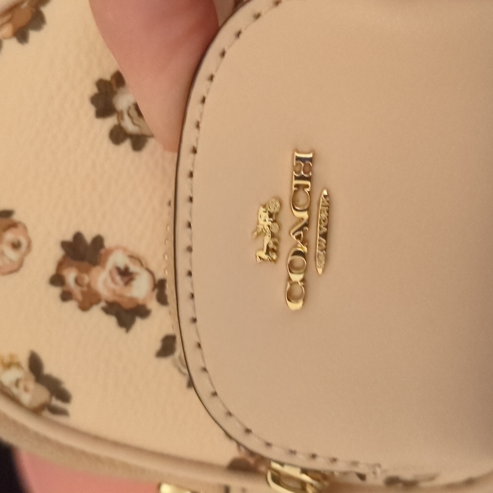 Coach Mini Court Backpack Bag Charm With Rosette Print in gold/blush multi - Picture 2 of 14